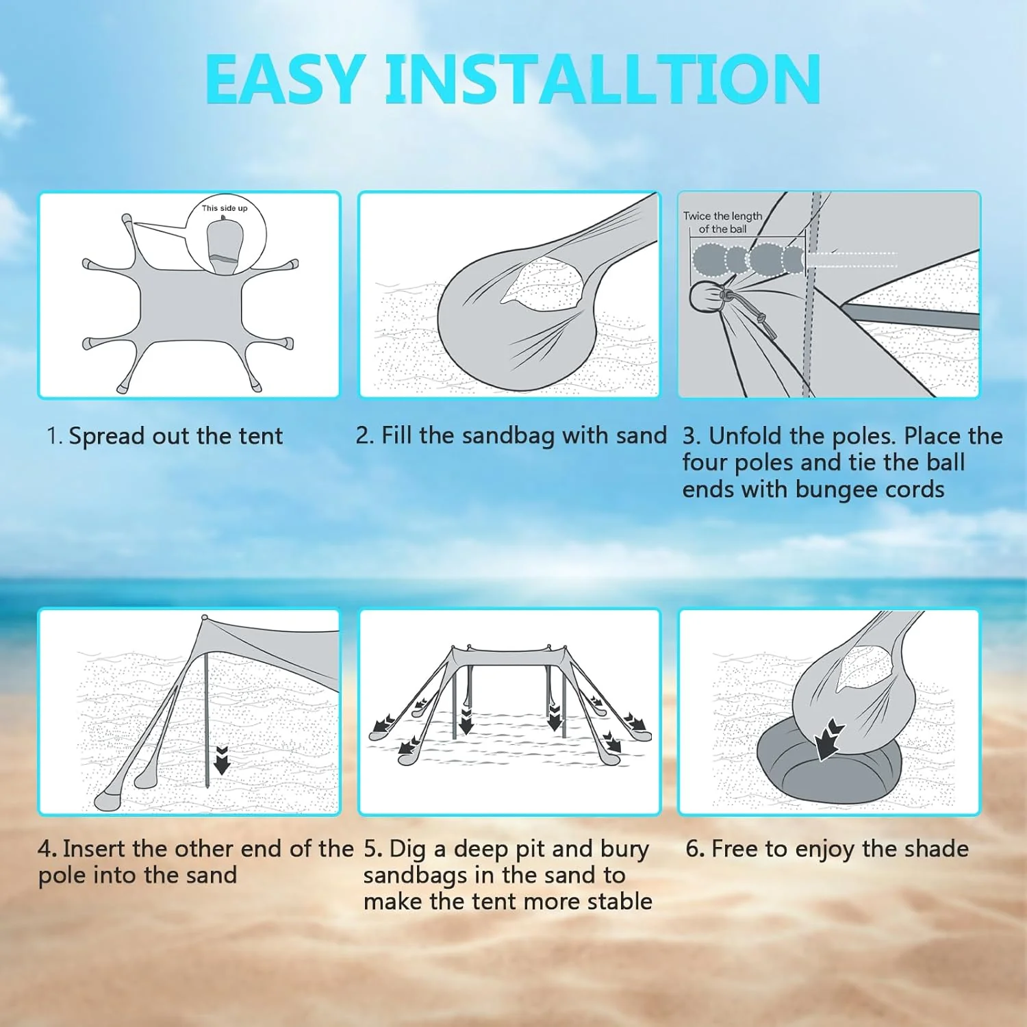 Beach Tent Sun Shelter, 10 x 10 FT Beach Canopy Tent Sun Shade Heavy Duty, UPF50+ Beach Tent Canopy with 8 Sandbags & 4 Stability Poles, Outdoor Beach Shade Canopy for Camping and Fishing, Blue