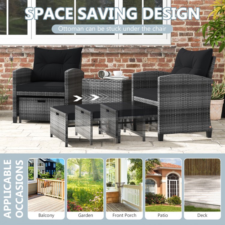 5 Piece Patio Rattan Furniture with 2 Ottomans and Tempered Glass Coffee Table