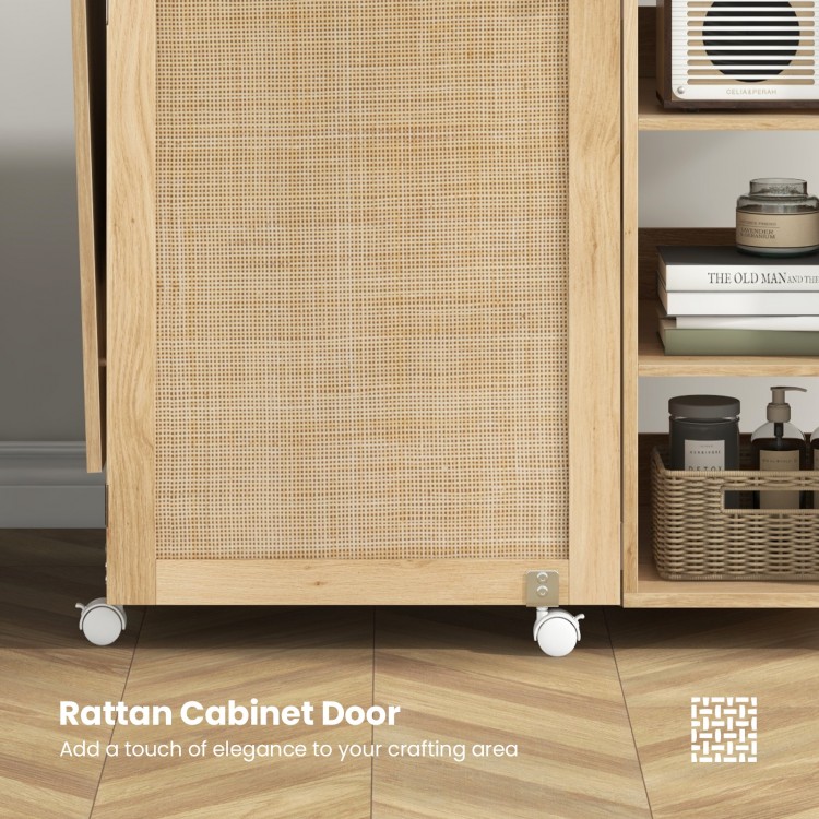 Multipurpose Folding Sewing Table Craft Station with Rattan Door
