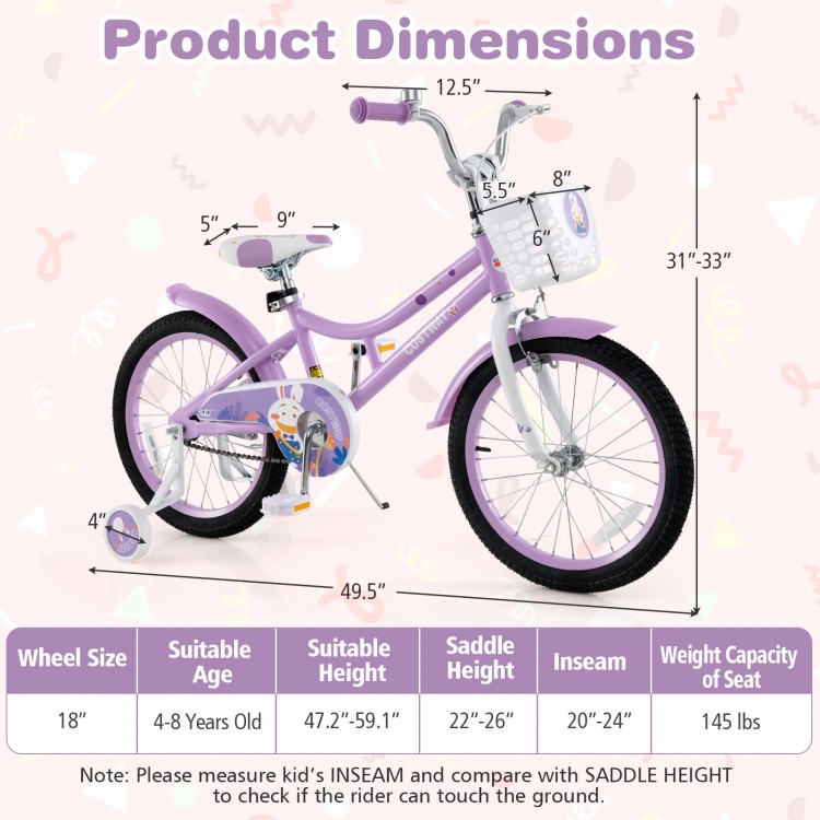 18 Inch Girl Bike with Basket with Detachable Training Wheels for 4-8 Years Old