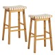 Faux PU Leather Bar Stools Set of 2 with Woven Curved Seat Natural