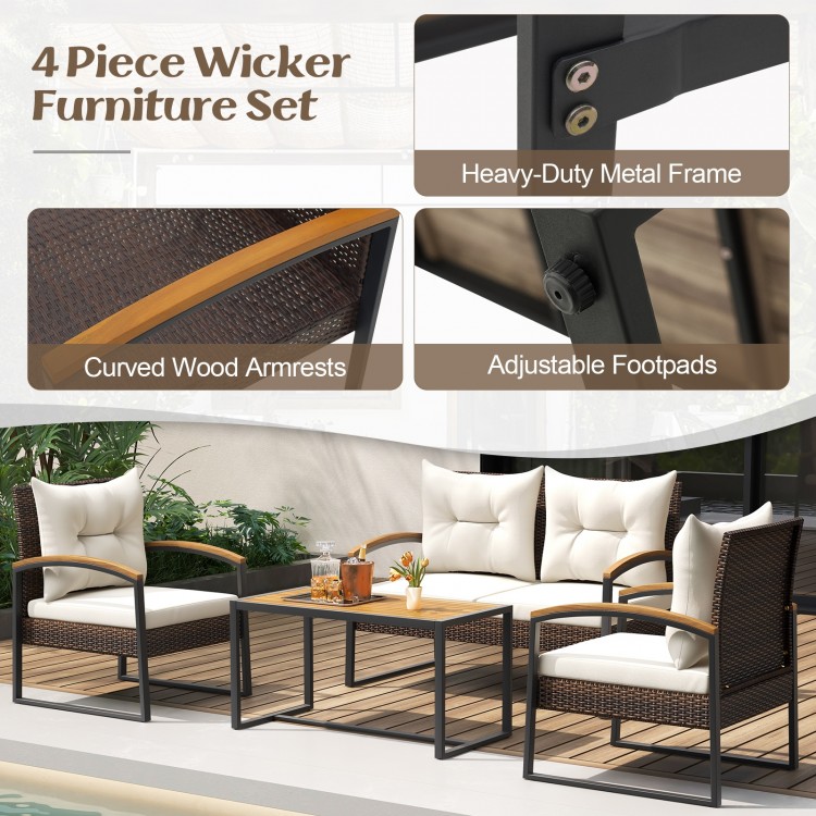 4 Pieces Patio Conversation Set with Acacia Wood Armrests and Tabletop and Cushions