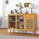 Modern Bamboo Buffet Sideboard Cabinet with Tempered Glass Sliding Doors