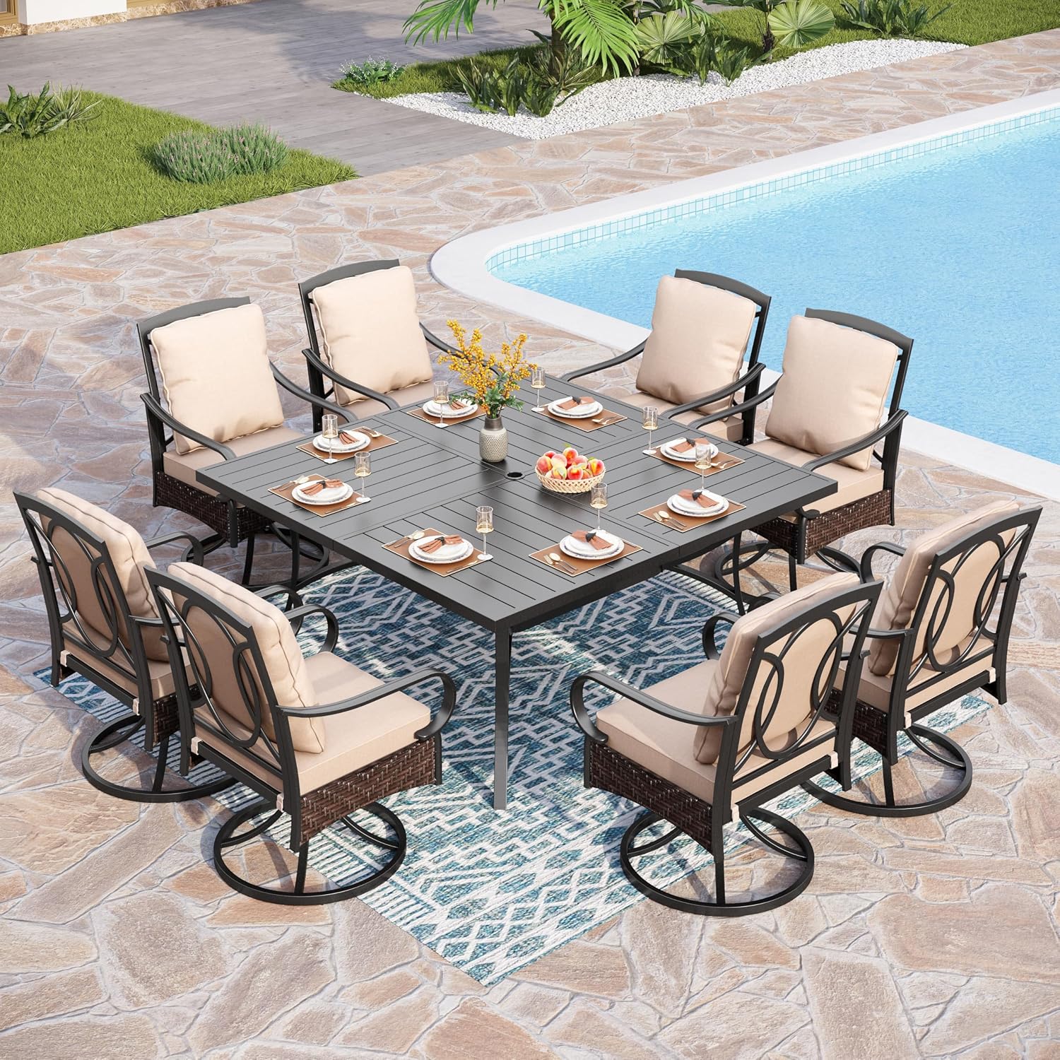 PHI VILLA 6-Piece Outdoor Dining Sets, All-Weather Patio Table and Chairs Set with Umbrella for 4, Heavy Duty Patio Round Table Set for Deck, 4 Extra Large Outdoor Swivel Chairs with Thick Cushions