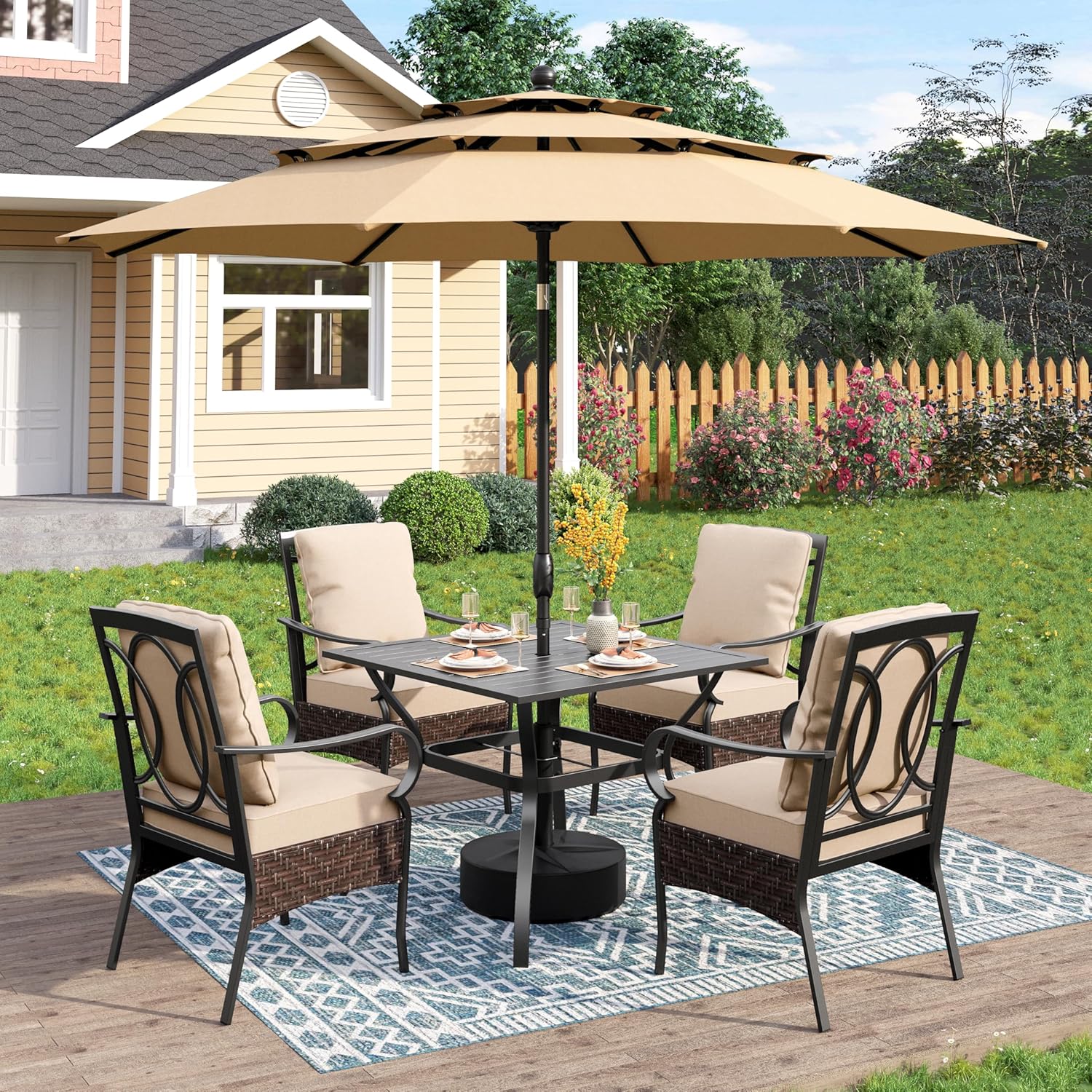 PHI VILLA 6-Piece Outdoor Dining Sets, All-Weather Patio Table and Chairs Set with Umbrella for 4, Heavy Duty Patio Round Table Set for Deck, 4 Extra Large Outdoor Swivel Chairs with Thick Cushions