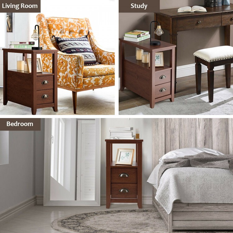 2 Pieces Wooden Bed-side Nightstand Set with 2 Drawers