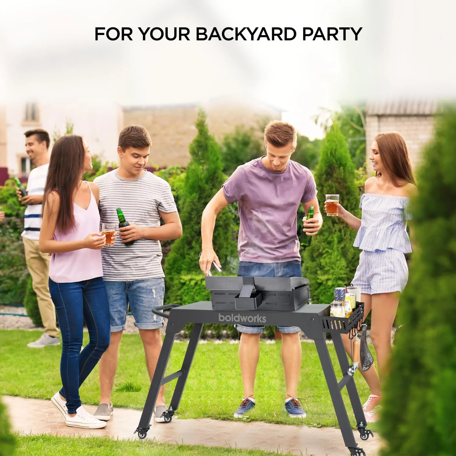 Universal Portable Grill Table for Blackstone & Ninja Grills with Wheels, Spice Rack, Bottle Opener, & Towel Holder – Black, 31′′x18′′ Rust-Proof Steel