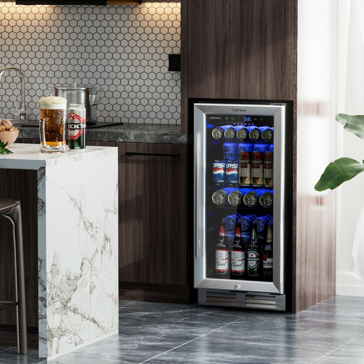 15 Inch 100 Can Built-in Freestanding Beverage Cooler Refrigerator with Adjustable Temperature and Shelf