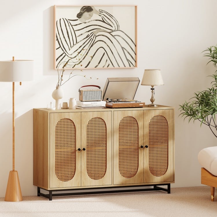 50 Inch Buffet Sideboard Cabinet with 4 Rattan Doors and Adjustable Shelves