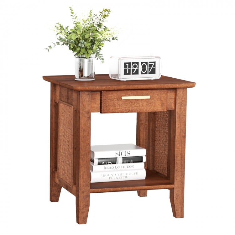 Rattan Nightstand End Table with Drawer and Storage Shelf