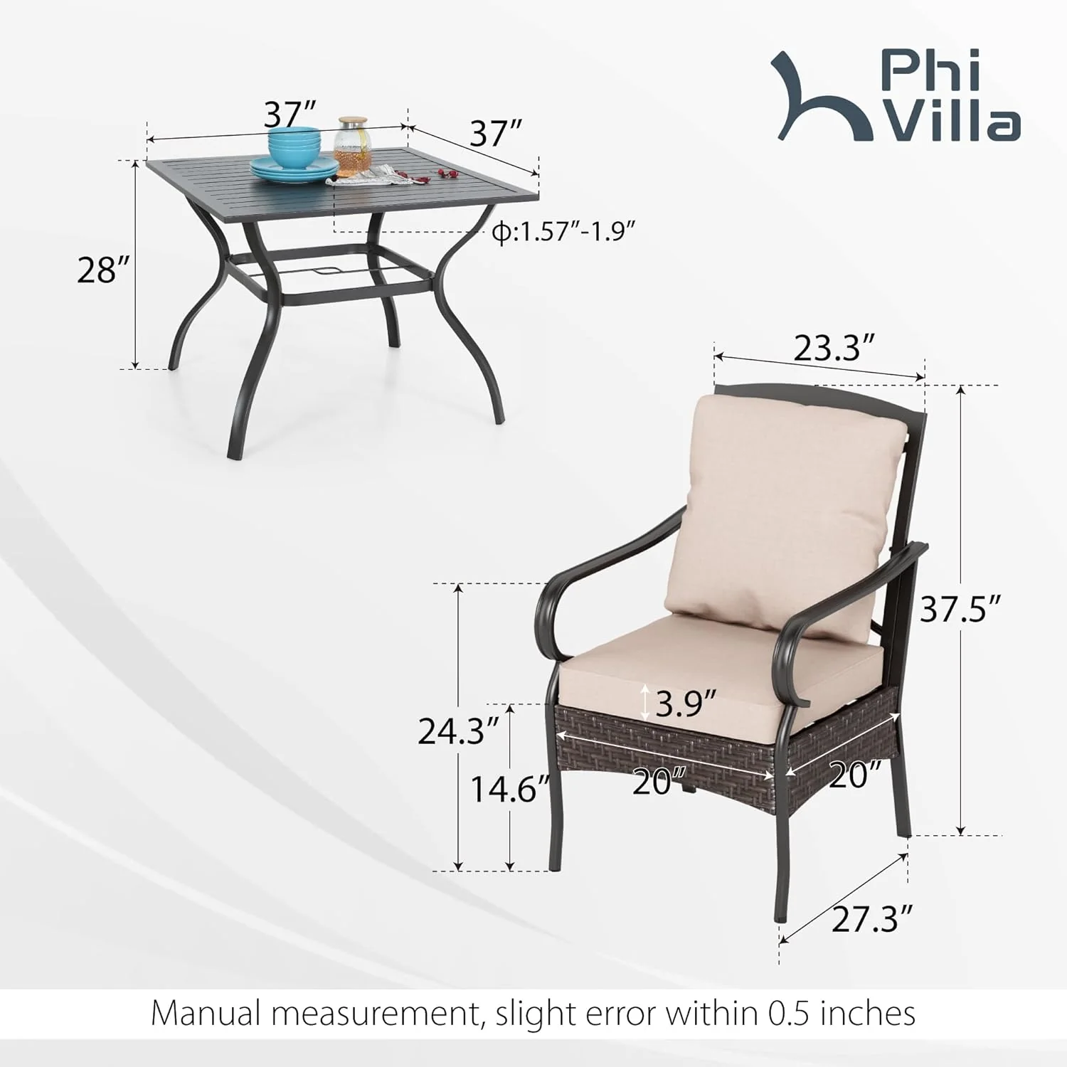 PHI VILLA 6-Piece Outdoor Dining Sets, All-Weather Patio Table and Chairs Set with Umbrella for 4, Heavy Duty Patio Round Table Set for Deck, 4 Extra Large Outdoor Swivel Chairs with Thick Cushions