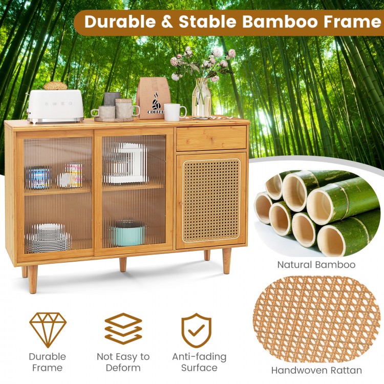 Modern Bamboo Buffet Sideboard Cabinet with Tempered Glass Sliding Doors