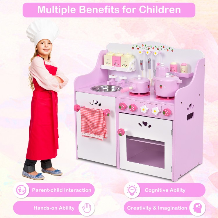 Kids Wooden Kitchen Toy Strawberry Pretend Cooking Playset