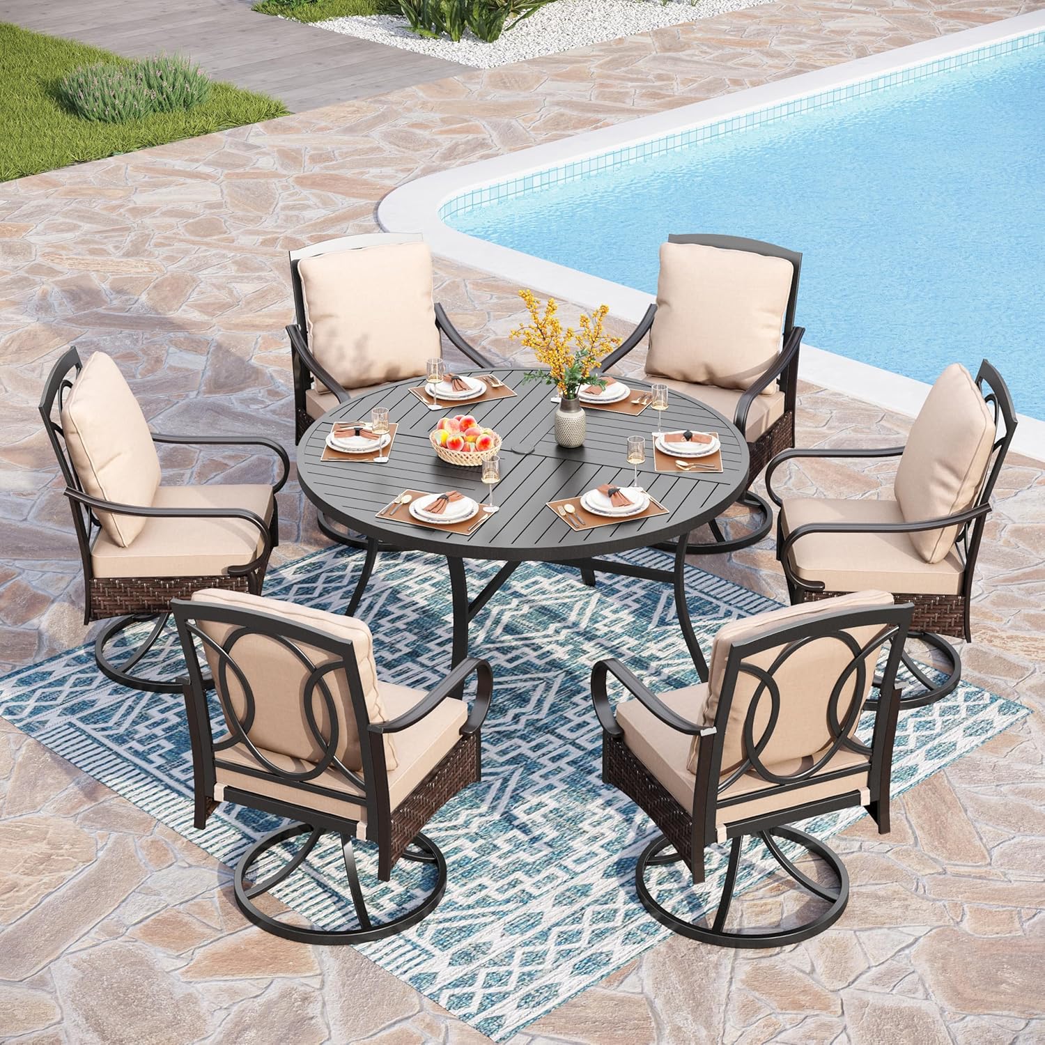 PHI VILLA 6-Piece Outdoor Dining Sets, All-Weather Patio Table and Chairs Set with Umbrella for 4, Heavy Duty Patio Round Table Set for Deck, 4 Extra Large Outdoor Swivel Chairs with Thick Cushions
