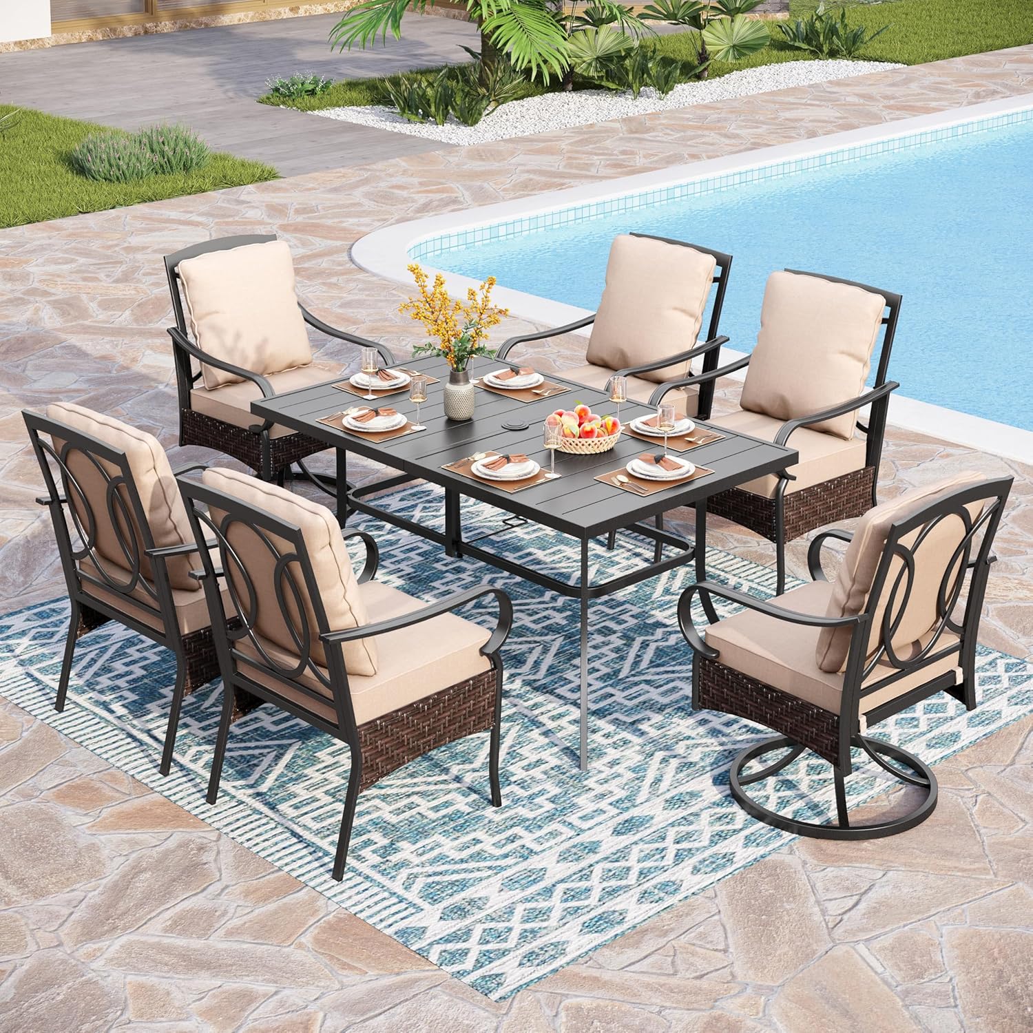 PHI VILLA 6-Piece Outdoor Dining Sets, All-Weather Patio Table and Chairs Set with Umbrella for 4, Heavy Duty Patio Round Table Set for Deck, 4 Extra Large Outdoor Swivel Chairs with Thick Cushions