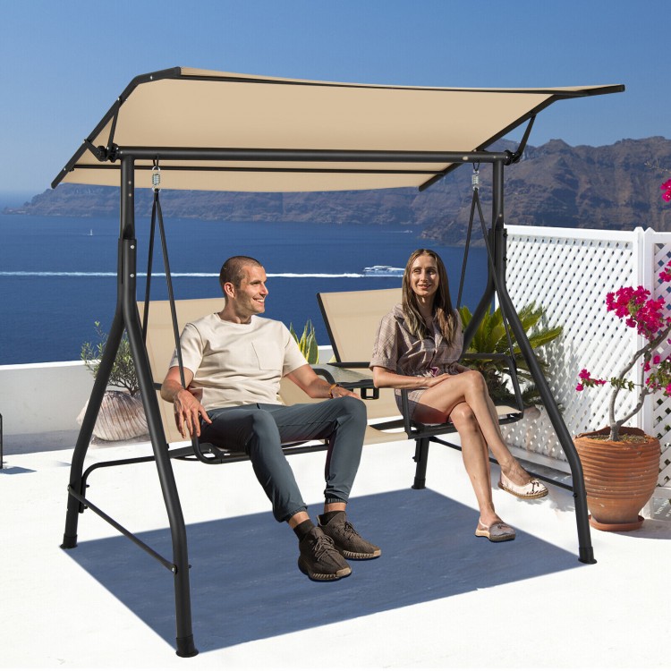 2-Seat Outdoor Cushioned Porch Swing with Adjustable Canopy and Tempered Glass Table