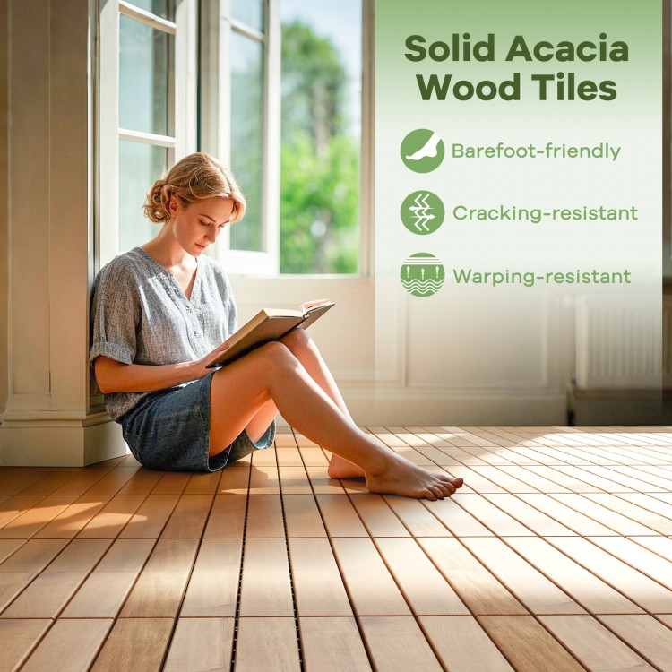 30 PCS Interlocking Deck Tiles 12 x 12 Inch Acacia Wood Patio Tiles with Straight Slats