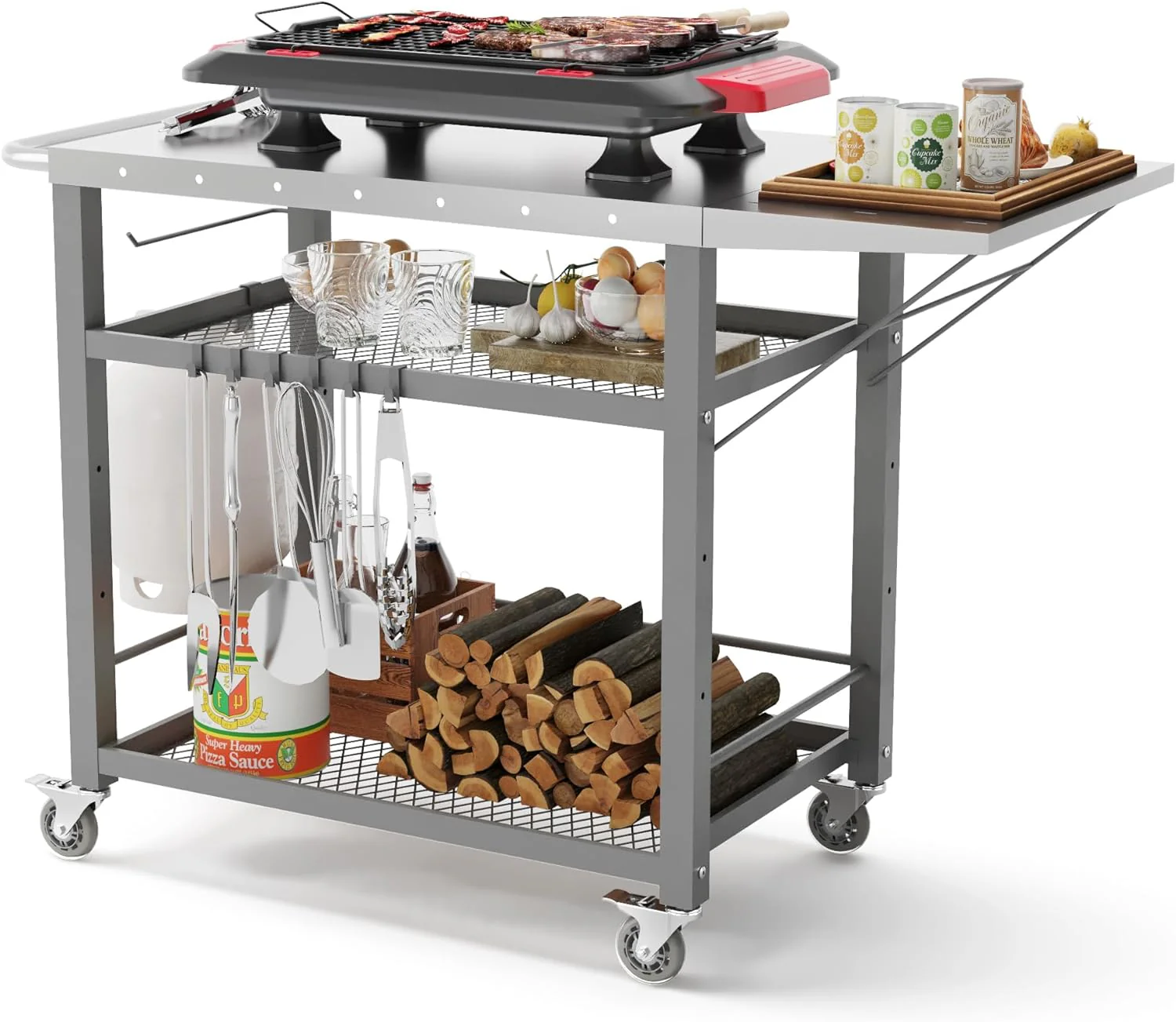 LUE BONA Outdoor Grill Cart Table – Portable, Foldable with Adjustable Storage & Tool Hooks