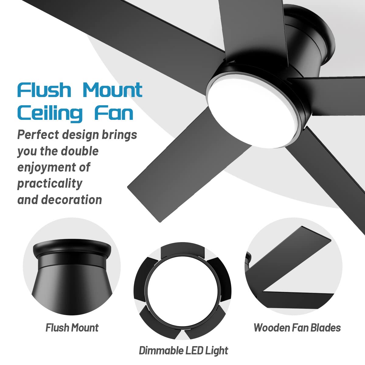 Wurzee 52′′ Modern Flush Mount Ceiling Fan with LED Light, 6-Speed DC Reversible Motor, Remote Controlled, Black