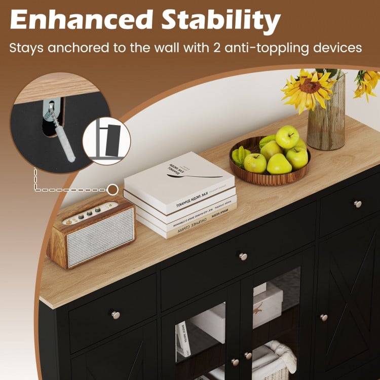 55 inch Large Buffet Sideboard Kitchen Storage Cabinet with 3 Drawers 2 See-through Doors Adjustable Shelves Wine Bar Table