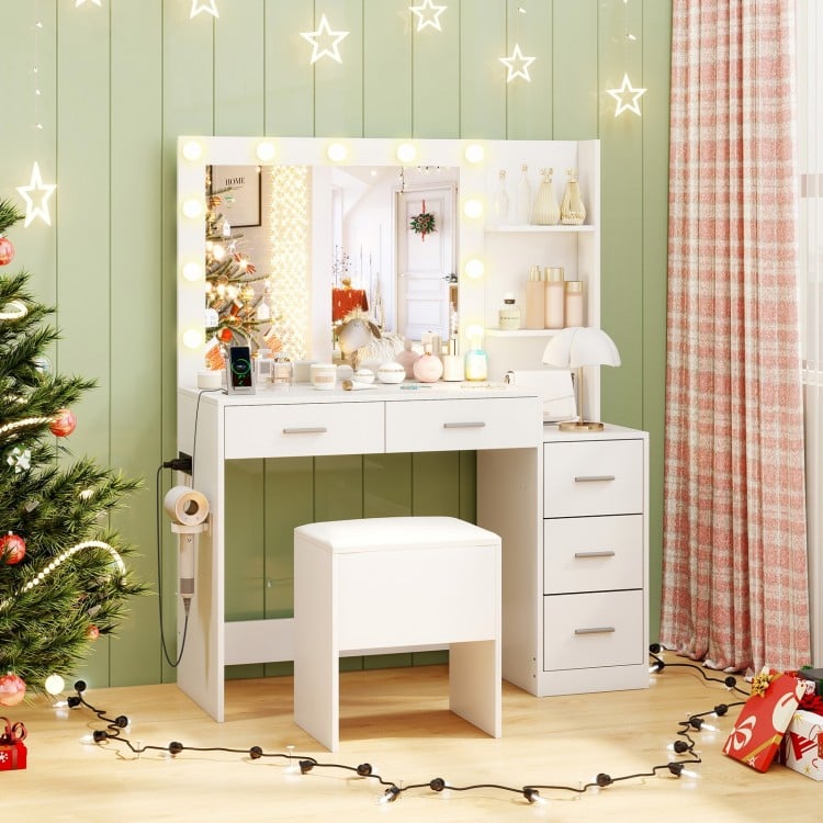 Makeup Table and Stool Set with Hair Dryer Stand