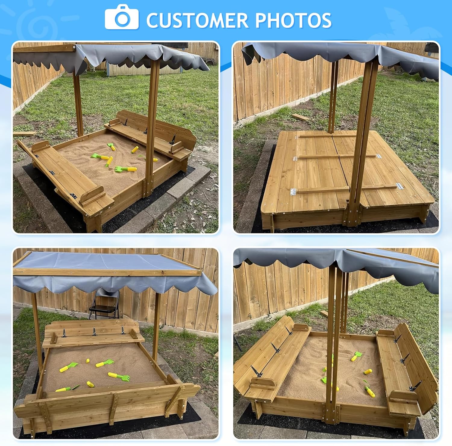 Kids Sandbox with Lid, Wooden Sand Box with Cover Outdoor, UV-Protection & Natural Wood, Foldable Bench Seat, Adjustable Canopy, Sand Box for Kids Ages 2-8（47x47in）