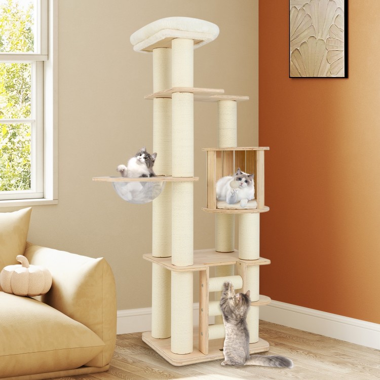 71 Inch Tall Cat Tree Wooden Cat Tower with Cozy Perch Condo Space Capsule