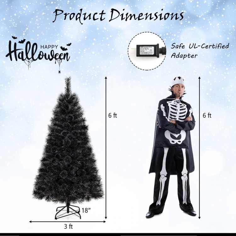 6/7/8 Feet Black Artificial Halloween Christmas Tree with PVC Branch Tips and 210/320/450 Cool White LED Lights