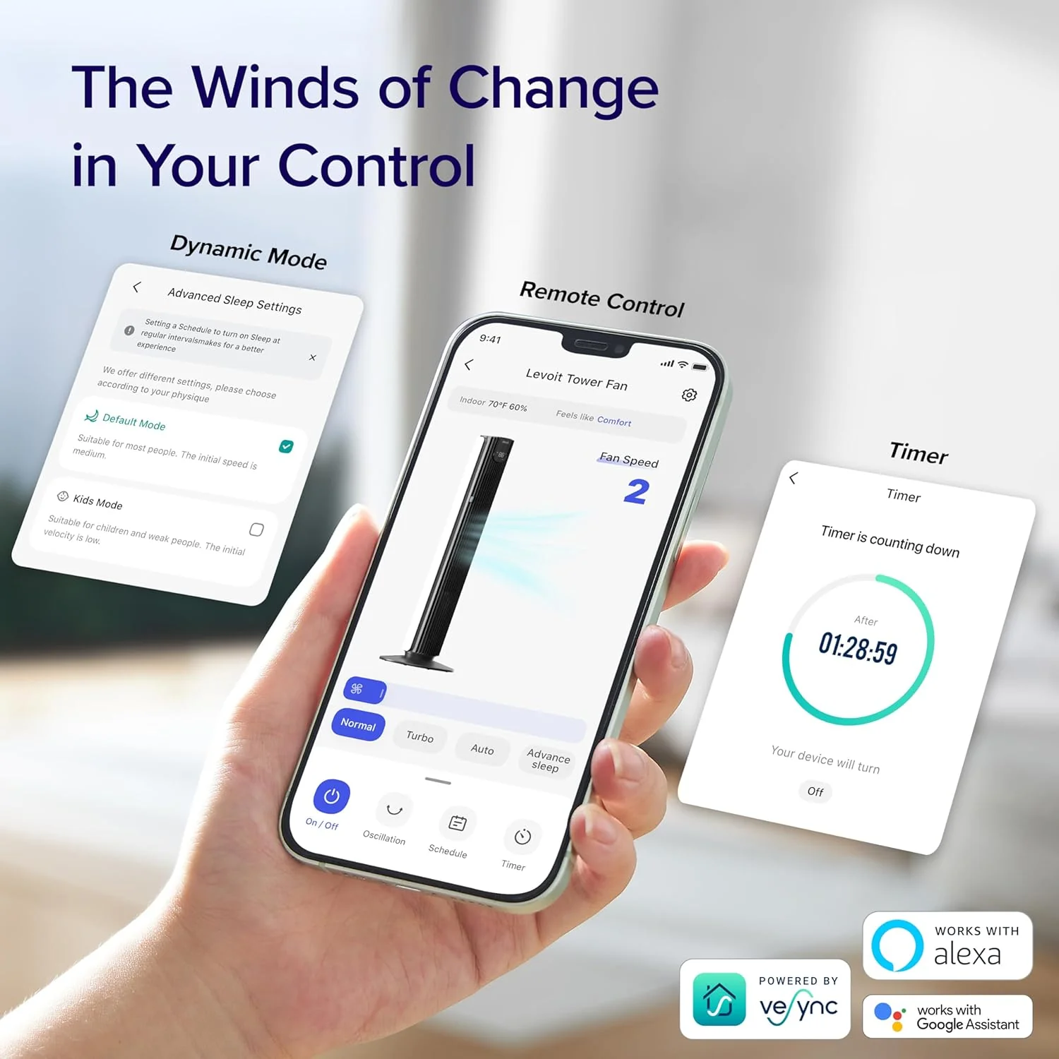 LEVOIT Tower Fan for Bedroom, Standing Fan with 28dB Quiet for Sleep, Remoter, 12H Timer, 25ft/s Velocity, 5 Speeds, 4 Modes, 90° Oscillation for Home, Office, Indoor, Bladeless 36 inch, White