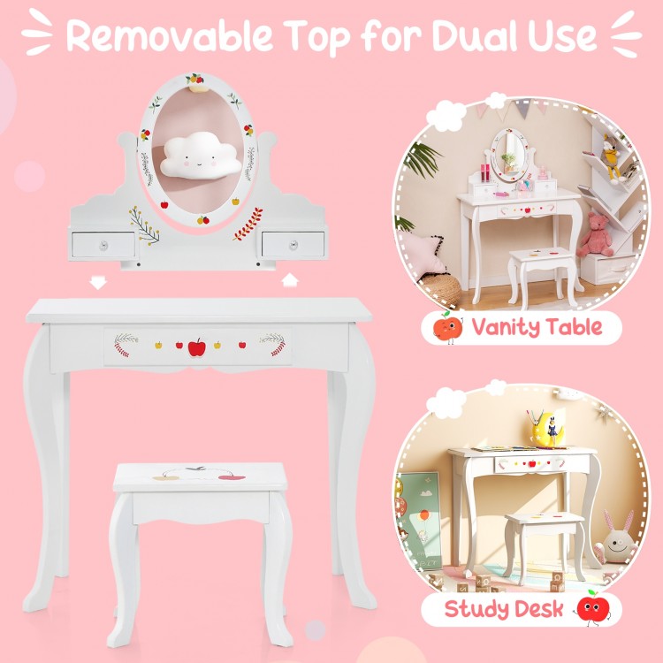 Kids Vanity and Stool Set with 360° Rotatable Mirror and Whiteboard
