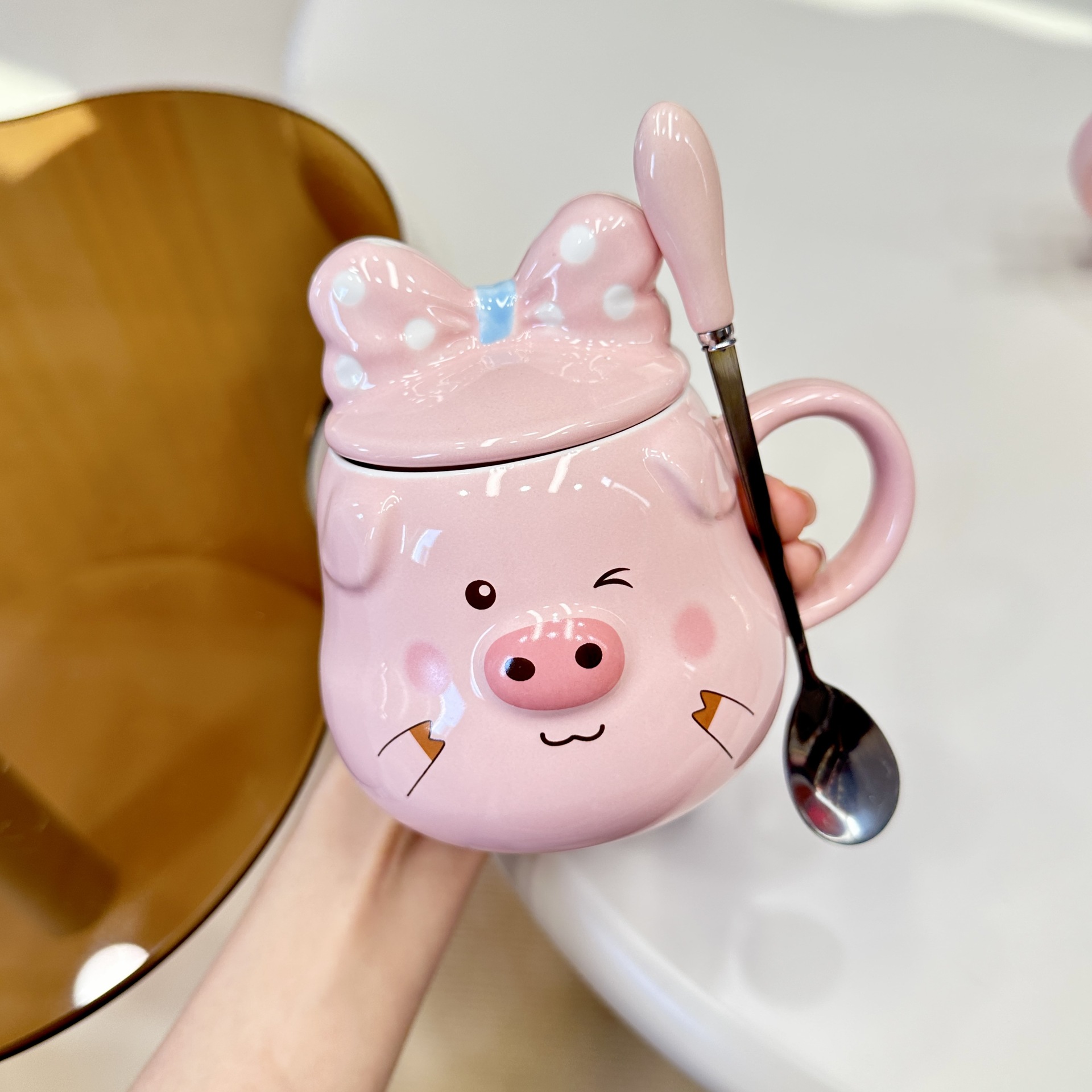 Pig Ceramic Mug with Lid and Spoon