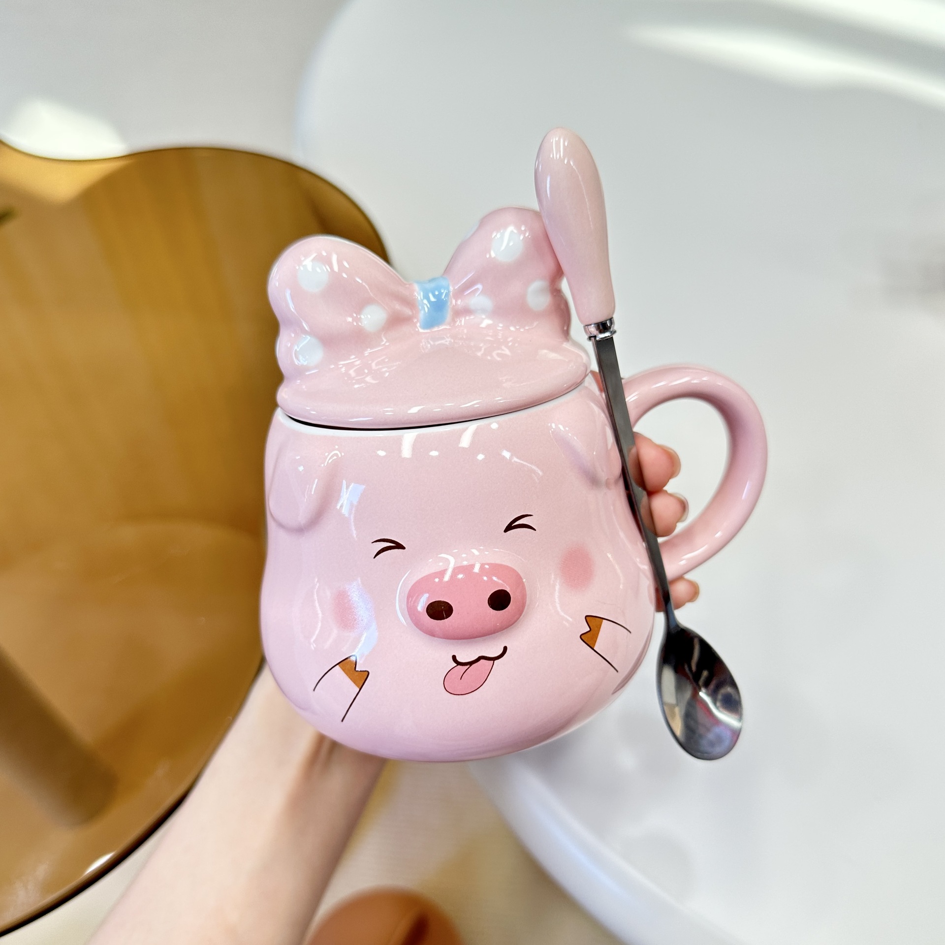 Pig Ceramic Mug with Lid and Spoon