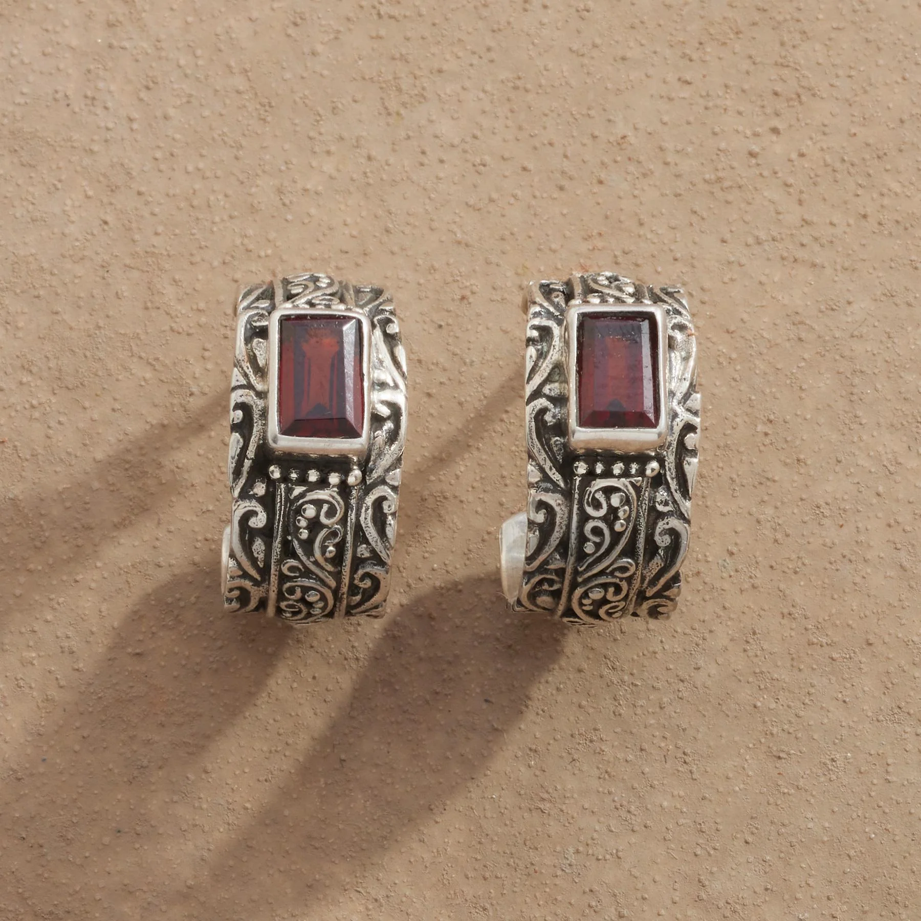 Filigree & Garnet Hoops