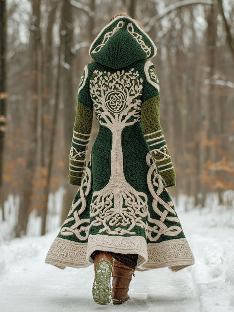 Women's Viking Tree Of Life Celtic Knot Pattern Knit Hooded Long Sweater Coat
