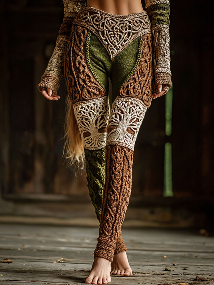 Women's Retro Viking Celtic Knot Rune Contrast Print Knit Leggings
