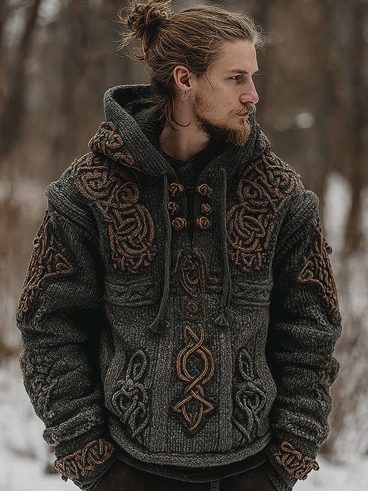 Men's Vintage Celtic Knot Contrast Jacquard Knit Hooded Sweater