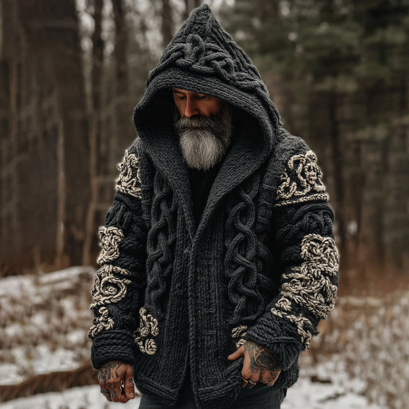 Men's Viking Celtic Knot Contrast Color Block Button Cozy Cardigan Sweater