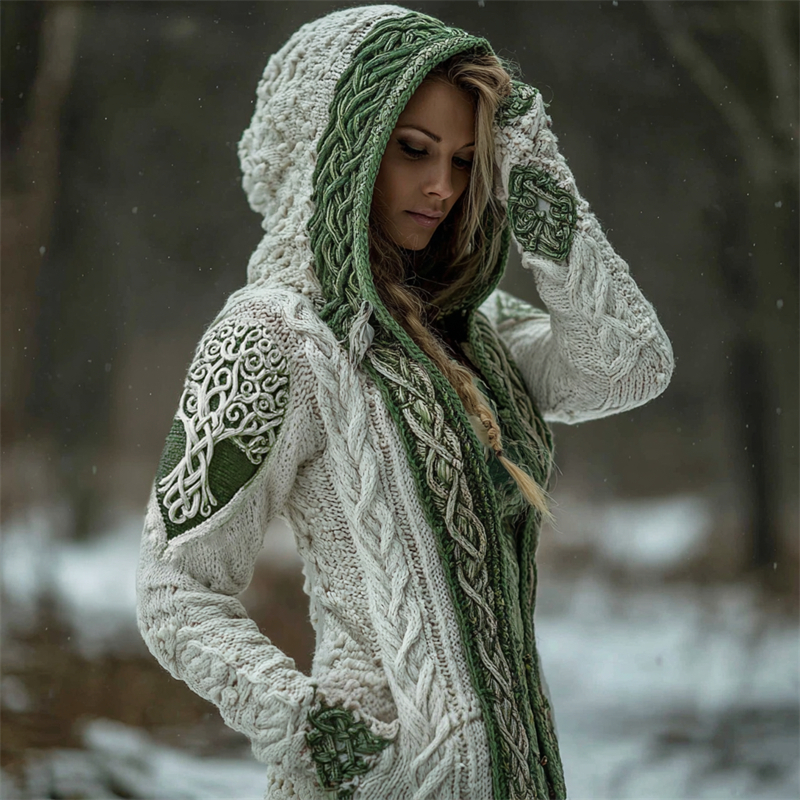 Vintage Viking Tree Of Life Celtic Contrast Hooded Chunky Cardigan