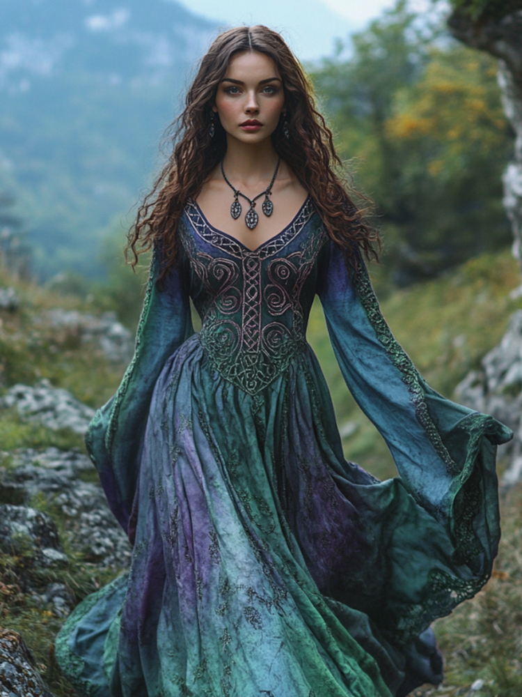 Vintage Viking Tribal Celtic Knot Art Linen V-neck Maxi Dress