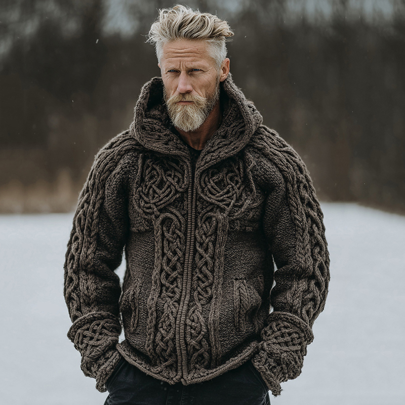 Men's Vintage Celtic Knot Jacquard Zipper Hooded Aran Sweater
