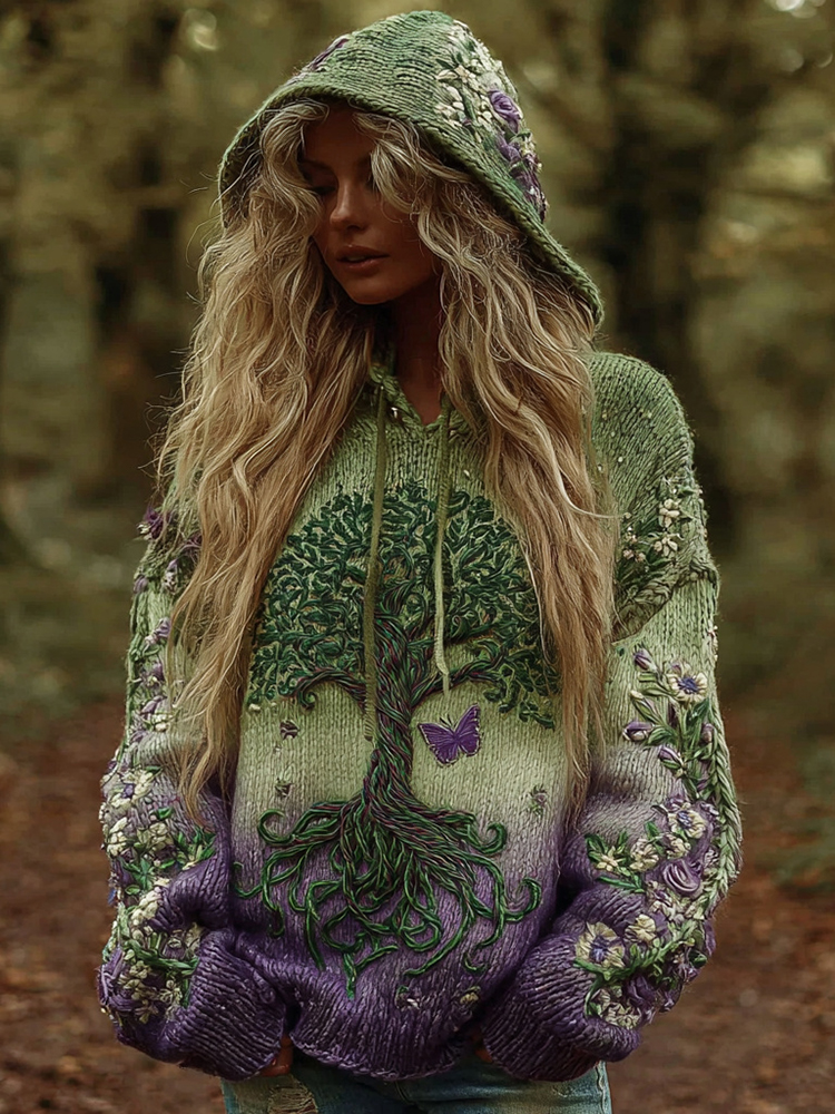 Women's Vintage Viking Tree Of Life Art Knit Jacquard Hooded Sweater