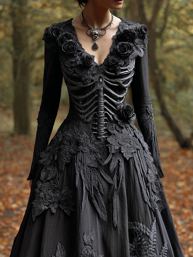 Classy Crow Feathers & Roses Skeleton Flowy Maxi Dress