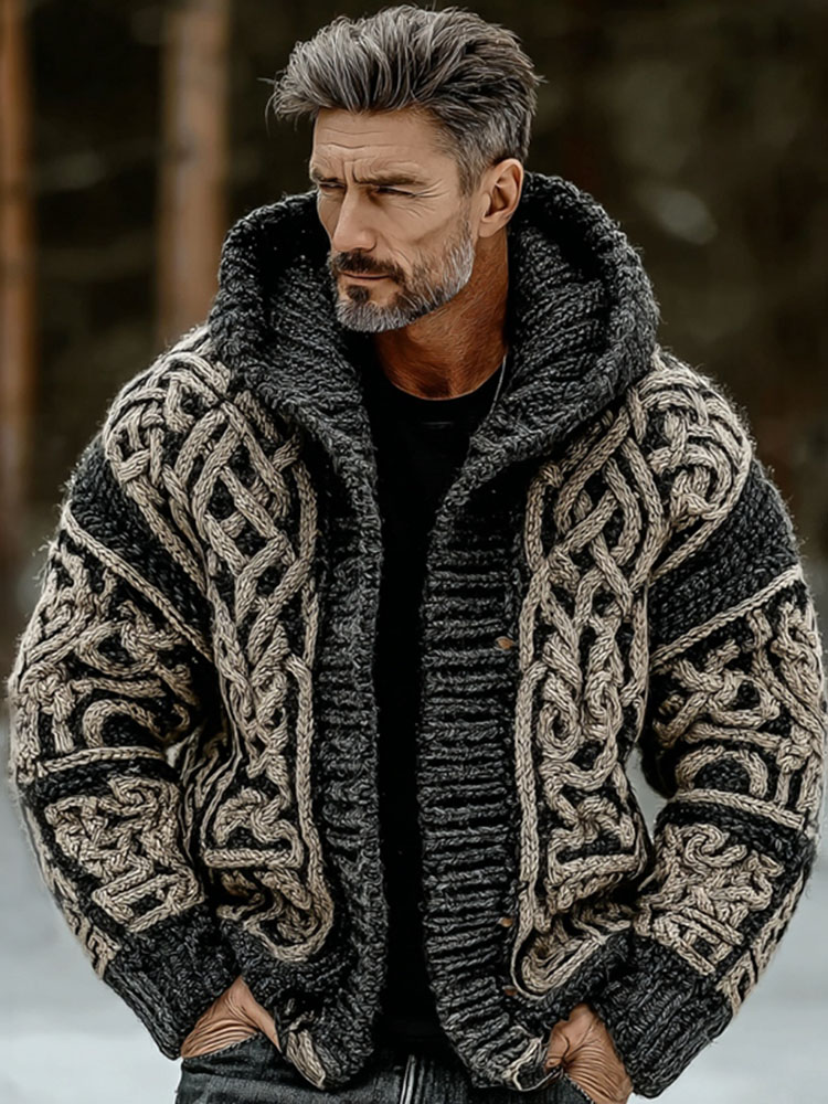 Men's Vintage Viking Celtic Knot Art Zip-up Chunky Knit Hooded Cardigan