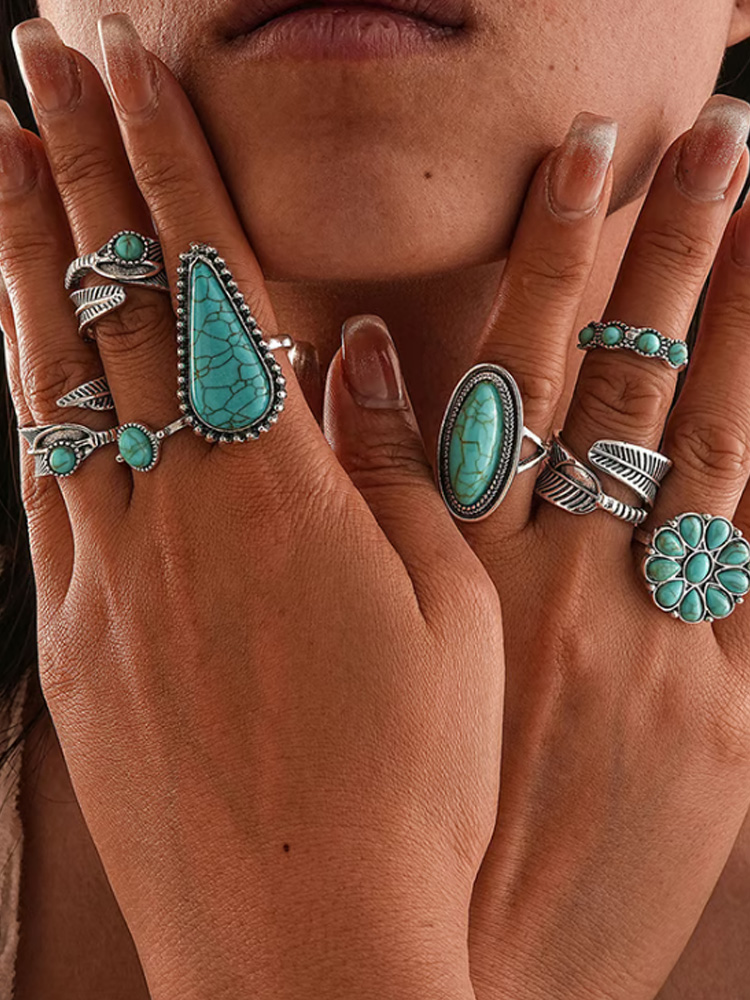 Vintage Western Style Turquoise Open Ring Set Of 8
