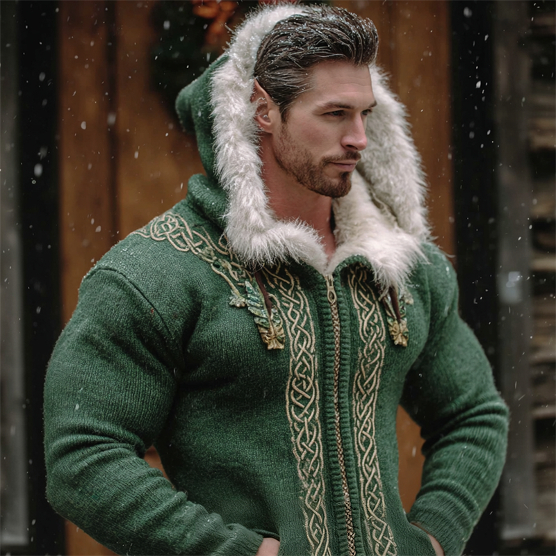 Men's Christmas Inspired Viking Celtic Fur Trim Hooded Cardigan