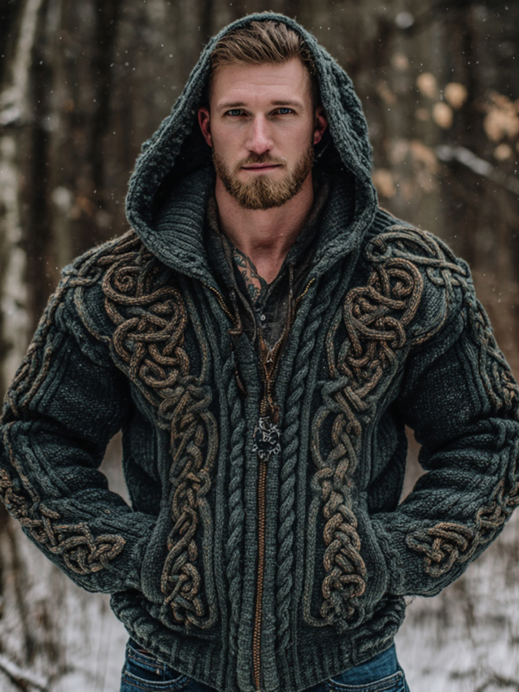 Men's Vintage Viking Celtic Knot Art Chunky Knit Hooded Zip-up Sweater
