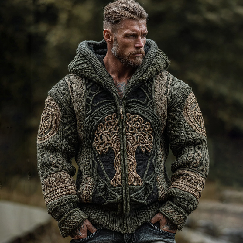 Men's Vintage Viking Life Of Tree Jacquard Knit Zipper Aran Sweater Hooded Cardigan
