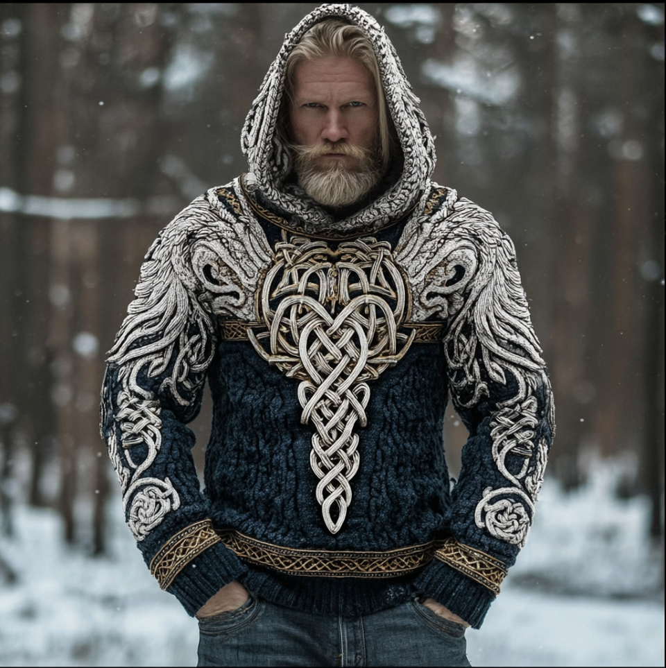 Men's Hooded Thick Sweater With Viking Style Tribal Totem And Wolf Totem Patterns