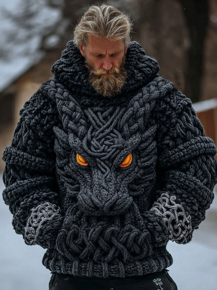 Men's Vintage Viking Dragon Celtic Knot Art Knit Hooded Sweater