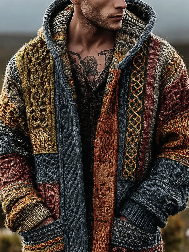 Viking Celtic Knot Vintage Geometric Art Men's Knit Hooded Cardigan